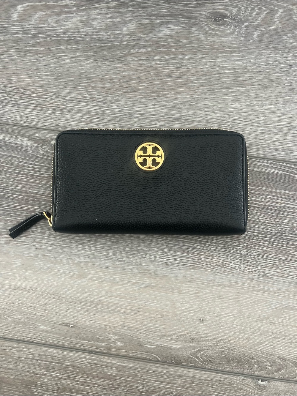 Tory Burch Black Leather Zip Wallet with Gold Logo Medallion